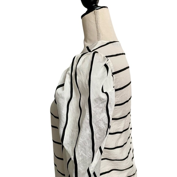 Zara Puff Sleeve Striped Blouse XS Black White Asymmetric Back Modern Chic - Picture 9 of 16